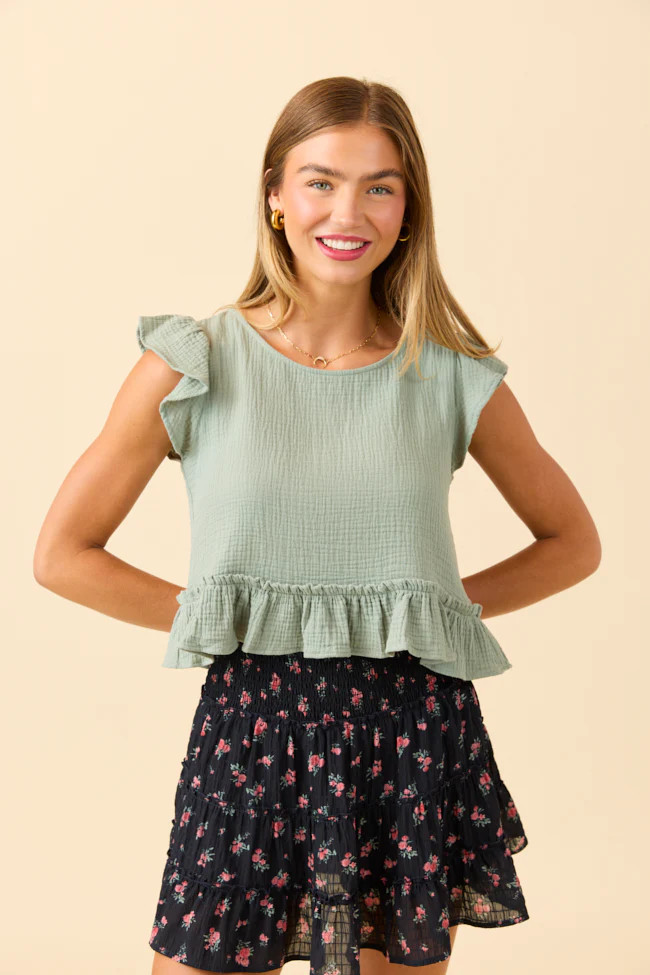 Ruby Seafoam Green Gauze Flutter Button Back Woven Blouse | Pink Lily