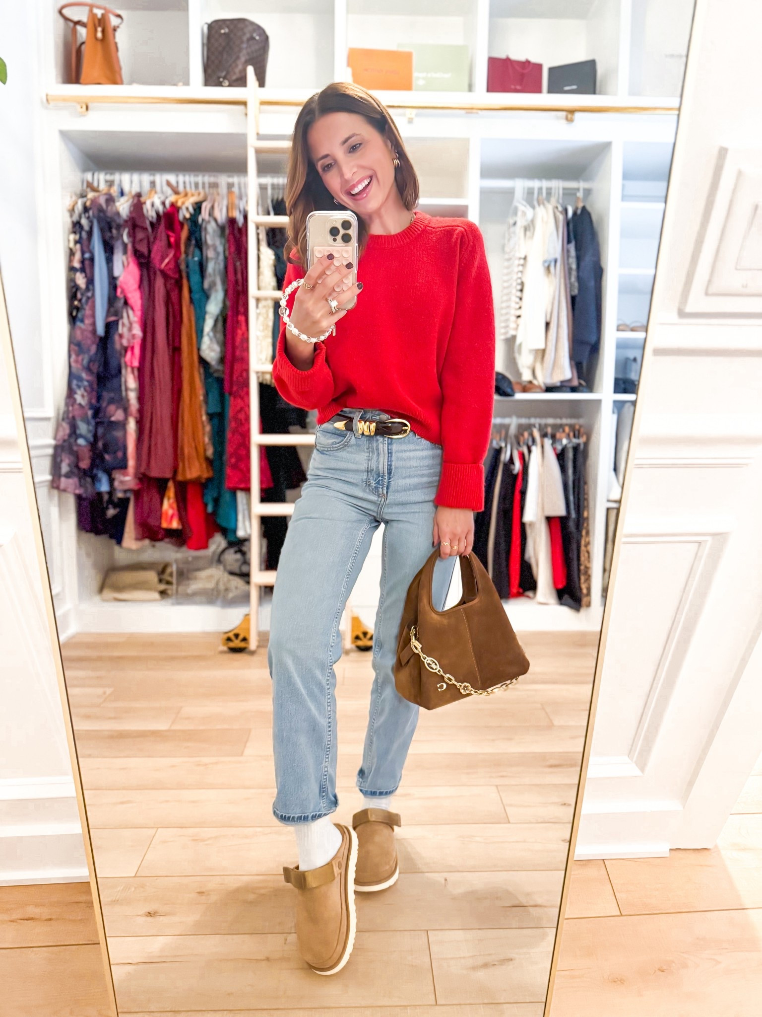 Winter outfit. Casual outfit. My ootd! New Target straight leg jeans in 00 short. Abercrombie sweater in XXS. Ugh Goldenstar clogs - I went up half a size to make room for socks. Coach suede purse. 

#LTKootd #LTKHoliday #LTKGiftGuide