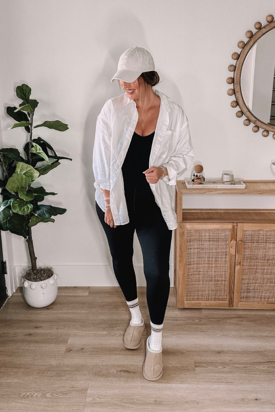 Casual mom outfit - tts L (size down if in between) jumpsuit, L oversized shirt, sized up in Ugg tazz 

#LTKmidsize #LTKSeasonal #LTKstyletip