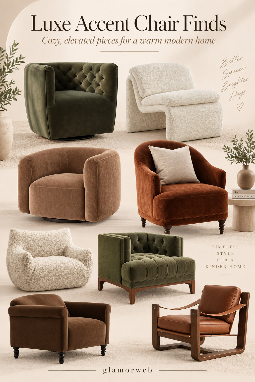 Obsessed with these accent chair finds 🤎 They have that cozy, collected look that instantly makes a living room, bedroom, or reading corner feel more elevated. I love the mix of warm brown velvet, creamy boucle, olive tones, and sculptural shapes—so easy to style with neutral rugs, wood furniture, soft throws, and minimal decor. Perfect if you want that expensive designer-home look without making the space feel too formal.

#AccentChair #LivingRoomDecor #CozyHome #NeutralHomeDecor #ModernHome #LuxuryHomeDecor #ReadingNook #HomeDecorFinds #BoucleChair #VelvetChair #InteriorInspo #WarmNeutralDecor #CozyLivingRoom #ModernInteriors #HomeStyling #DesignerInspiredHome 

 #LTKSeasonal #LTKHome #LTKSaleAlert