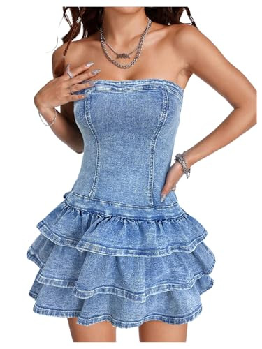 WDIRARA Women's Strapless Layered Ruffle Denim Dress Bandeau Slim Fit Mini Dresses | Amazon (US)