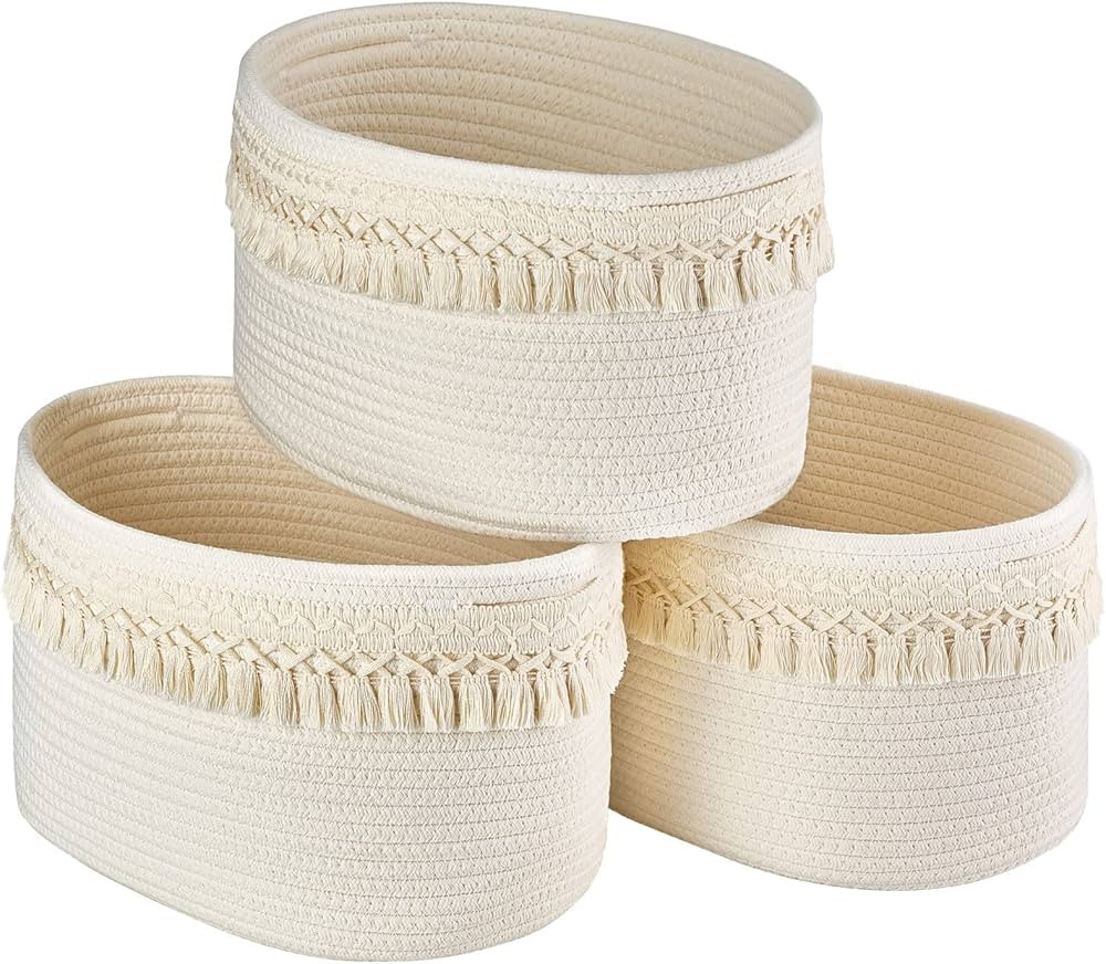 Amazon.com: Mkono 3 Pack Storage Baskets Bins for Shelves Boho Toys Organizer Decor Small White W... | Amazon (US)