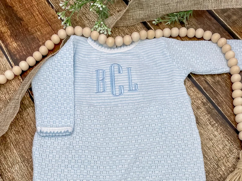 Light Blue Paty Inc Monogrammed Knit Baby Gown, Personalized Baby Boy Home Coming Outfit, Newborn... | Etsy (US)