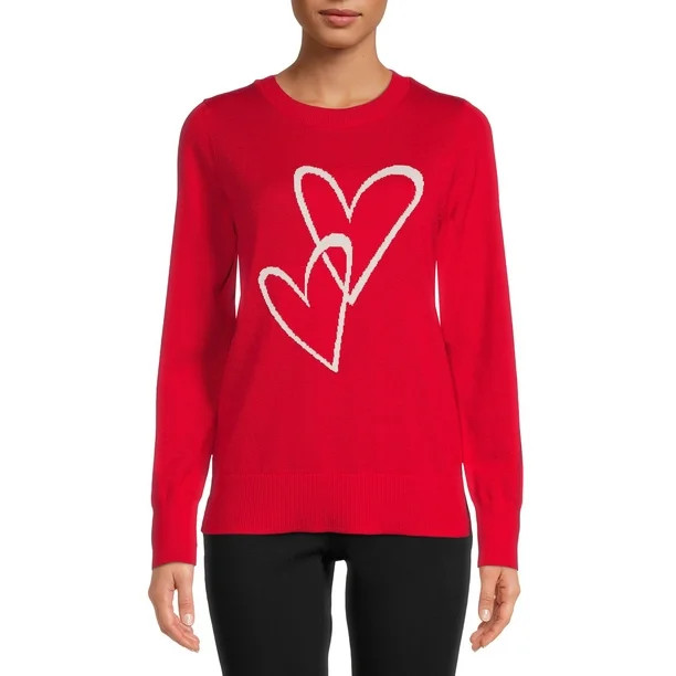 Time and Tru Women's Long Sleeve Hearts Sweater | Walmart (US)