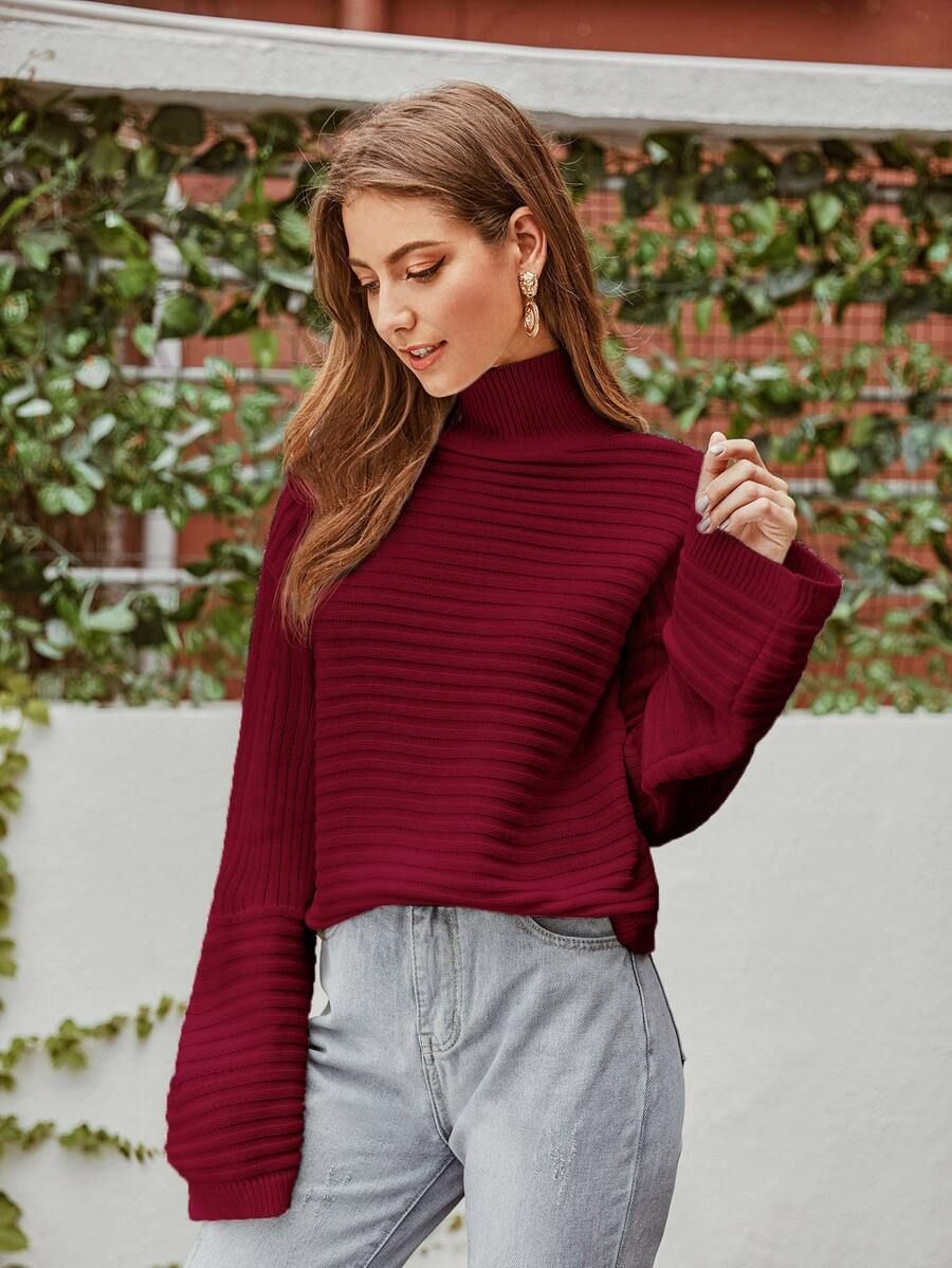 Rib-Knit High Neck Drop Shoulder Sweater | SHEIN