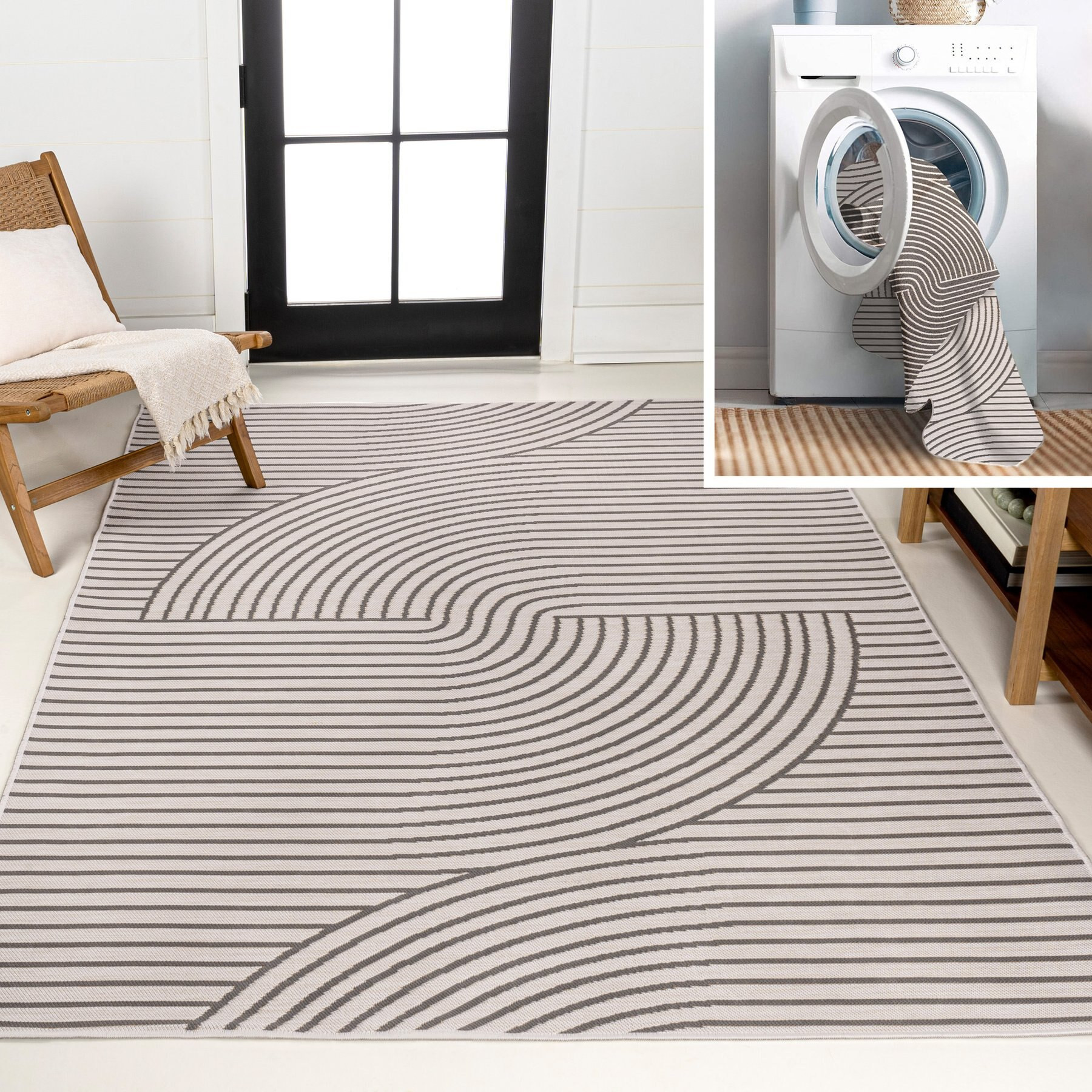 JONATHAN Y Arielle Mid-Century Modern Curve Stripe Reversible Machine-Washable Indoor/Outdoor Area Rug, Dark Gray/Cream, 5' x 8' | Chewy