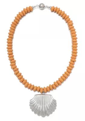 Adornia Silver Plated Oversized Shell Charm on a Wood Beaded Magnetic Clasp Chain, Brown | Belk