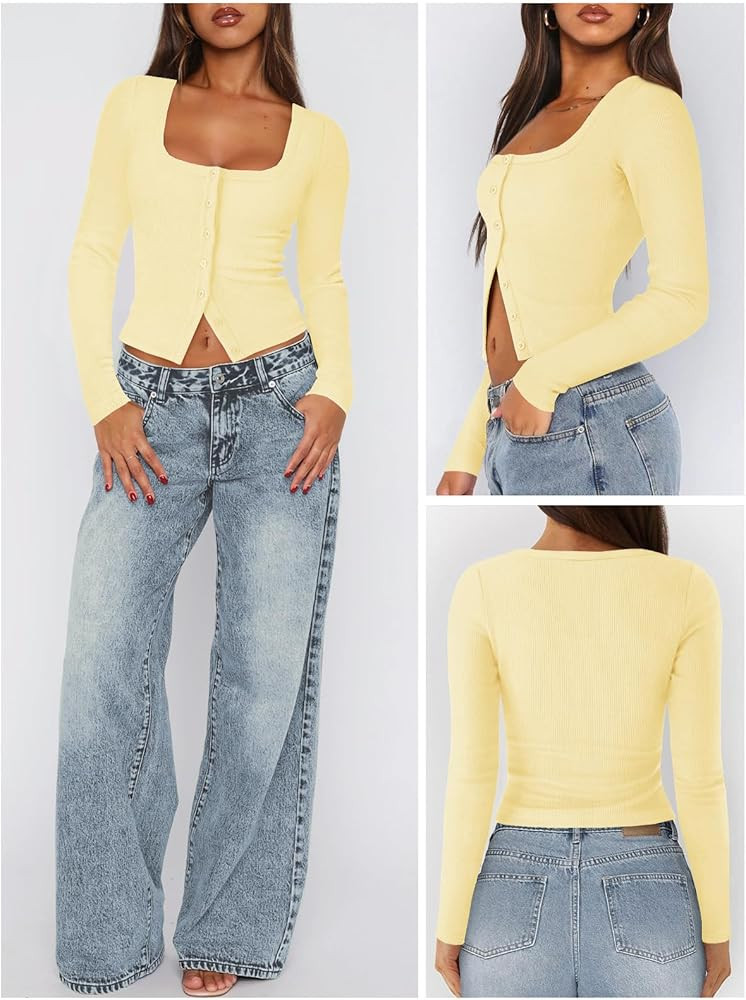 Womens Button Up Tops for Women Knit Ribbed Fitted Button Down Cardigan Long Sleeve Going Out Top... | Amazon (US)