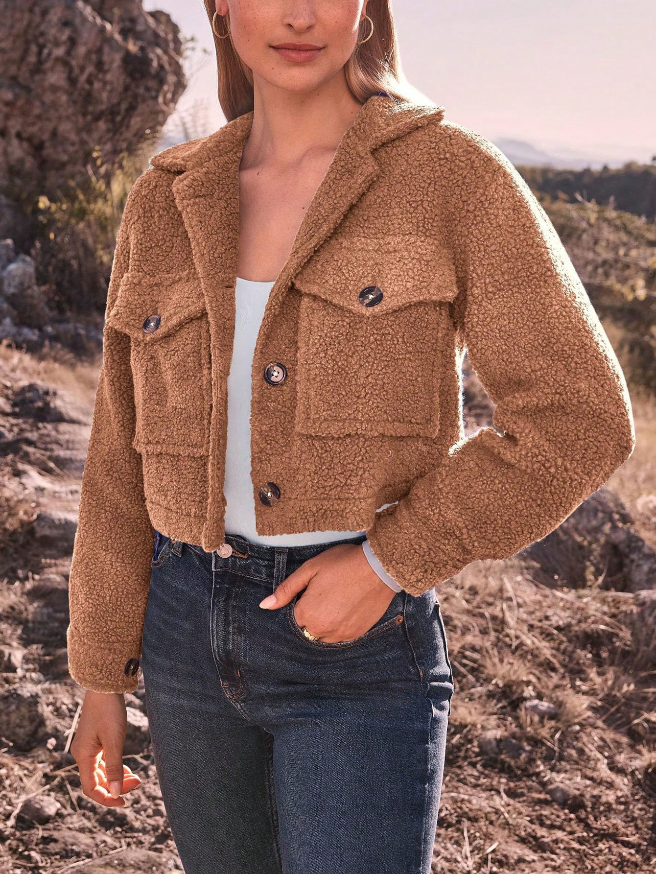 Women  Fall Clothes Sherpa Shacket Jacket Fuzzy Lapel Button Down Cropped Coat Winter Outerwear | SHEIN