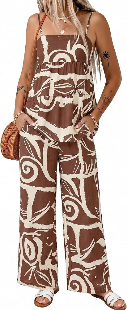 Glamaker Womens Summer 2 Piece Sets Floral Spaghetti Tank Top Wide Leg Pants Travel Beach Vacatio... | Amazon (US)