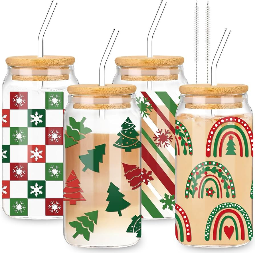 Whaline 4 Pack Boho Christmas Iced Coffee Cup Xmas Tree Snowflake Rainbow Beer Can Glass Red Gree... | Amazon (US)