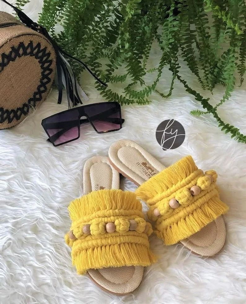 Yellow Handmade Macrame Sandals Boho Style Macrame Knitted Slippers Beaded Boho Knit Slippers Cro... | Etsy (US)