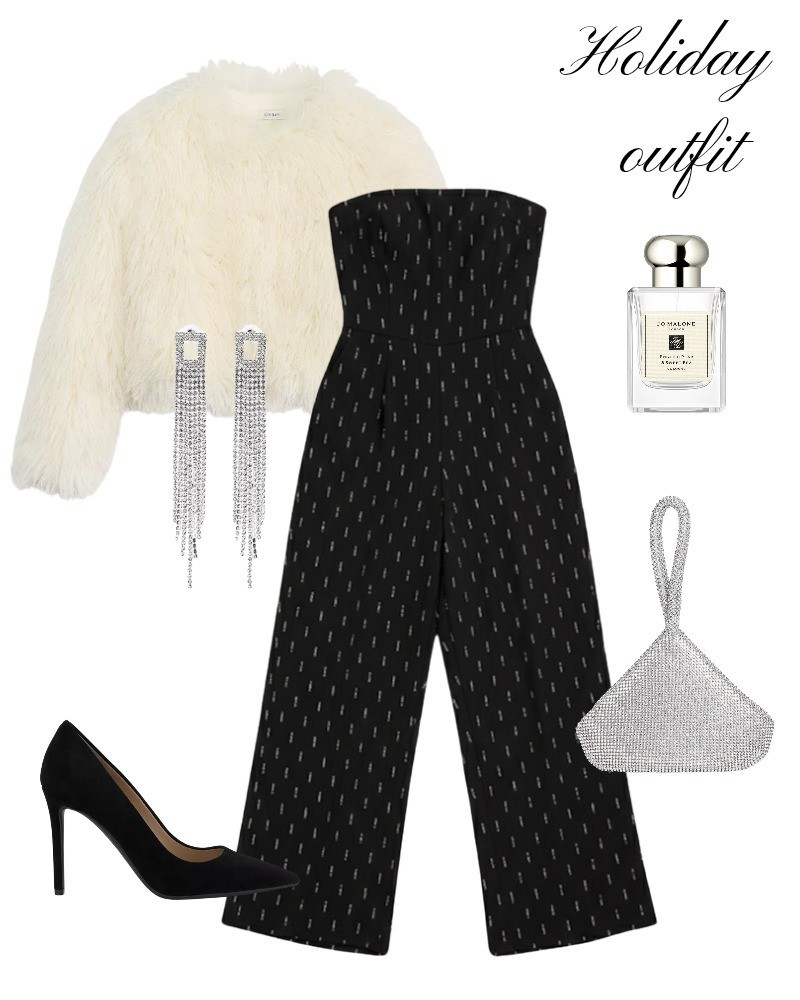 Holiday outfit, I bought this sparkle romper im a small. If in between sizes you could size down. English prar freesia jo malone perfume, black heels, silver bag, clutch, party, christmas, new years, black, faux fur shag ivory jacket, rhinestone earrings, macys sale.

#LTKHoliday #LTKSaleAlert #LTKFindsUnder50