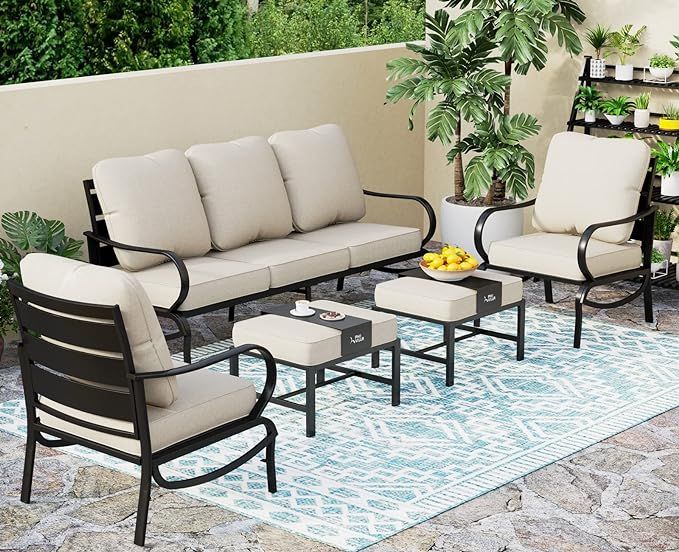 PHI VILLA 5 Piece Patio Conversation Set, Beige With Leg Sofa, 5 Seat with 2 Ottoman | Amazon (US)