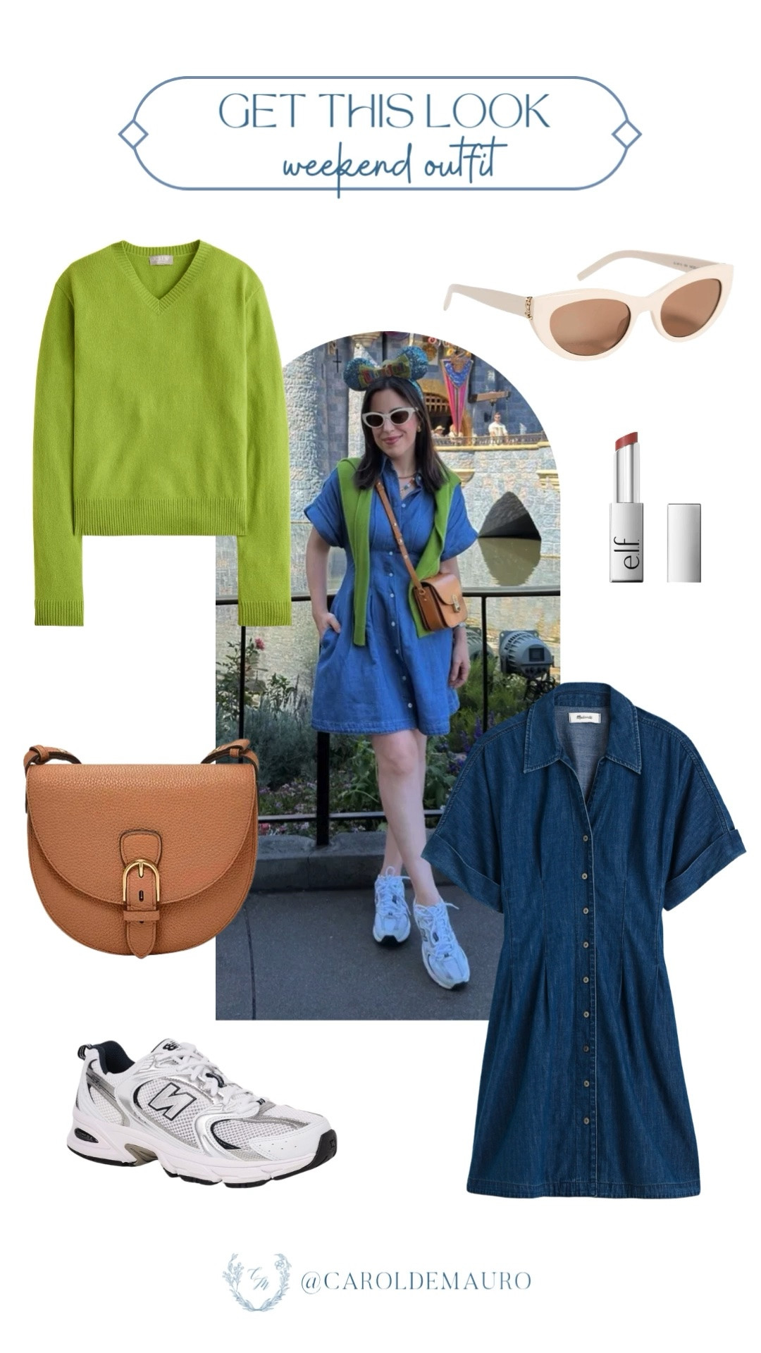 Adding a fun pop of color to my basic denim dress for summer! Recreate this exact look by wrapping a vibrant green crewneck sweater over your shoulders, grabbing some retro cream shades, and throwing on your go-to walking shoes.

summer outfit, fashion inspo, vacation inspo, casual chic, elevated basics, disneyland outfit, weekend vibes, petite style

#LTKSeasonal #LTKPetite #LTKootd