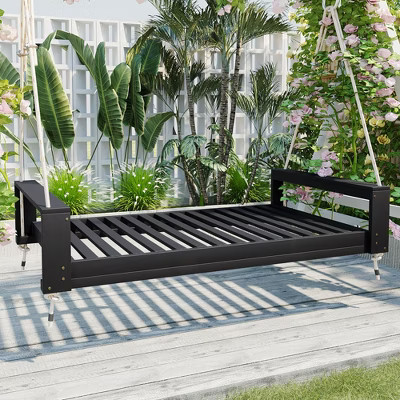 Twin Size Porch Swing Bed Daybed with Acacia Wood Frame and Hemp Ropes, 400lbs Capacity, for Garden and Backyard, Black - ModernLuxe | Target