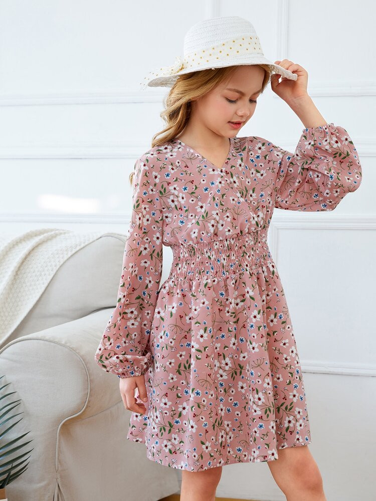 SHEIN Girls Surplice Neck Floral Print Shirred Bishop Sleeve Dress | SHEIN