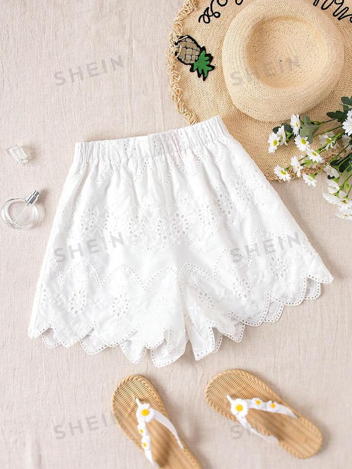 SHEIN VCAY Vacation Solid Color Eyelet Embroidery High Waist Loose Fit Ultra Short Women Shorts | SHEIN