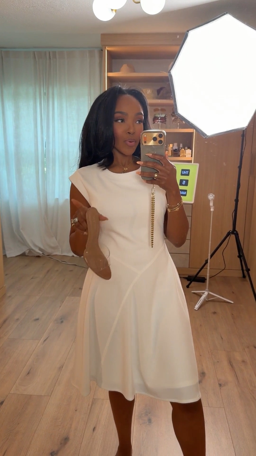 Scroll to shop!! This elegant white mini dress styled with neutral clear heels is perfect for Easter, bridal events, date nights, brunch, vacation dinners, or summer parties. @Macys 
