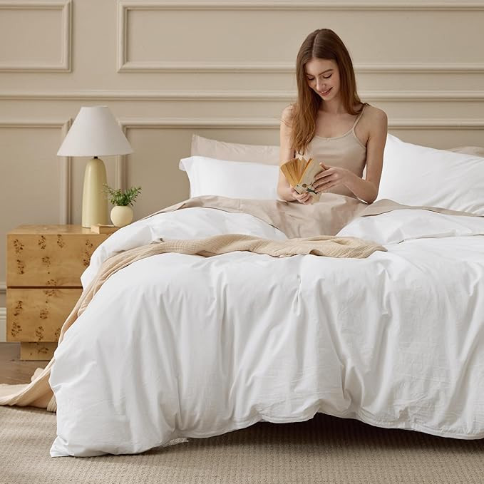 Amazon.com: Bedsure 100% Washed Cotton Duvet Cover King Size - Natural White Minimalist Bedding S... | Amazon (US)