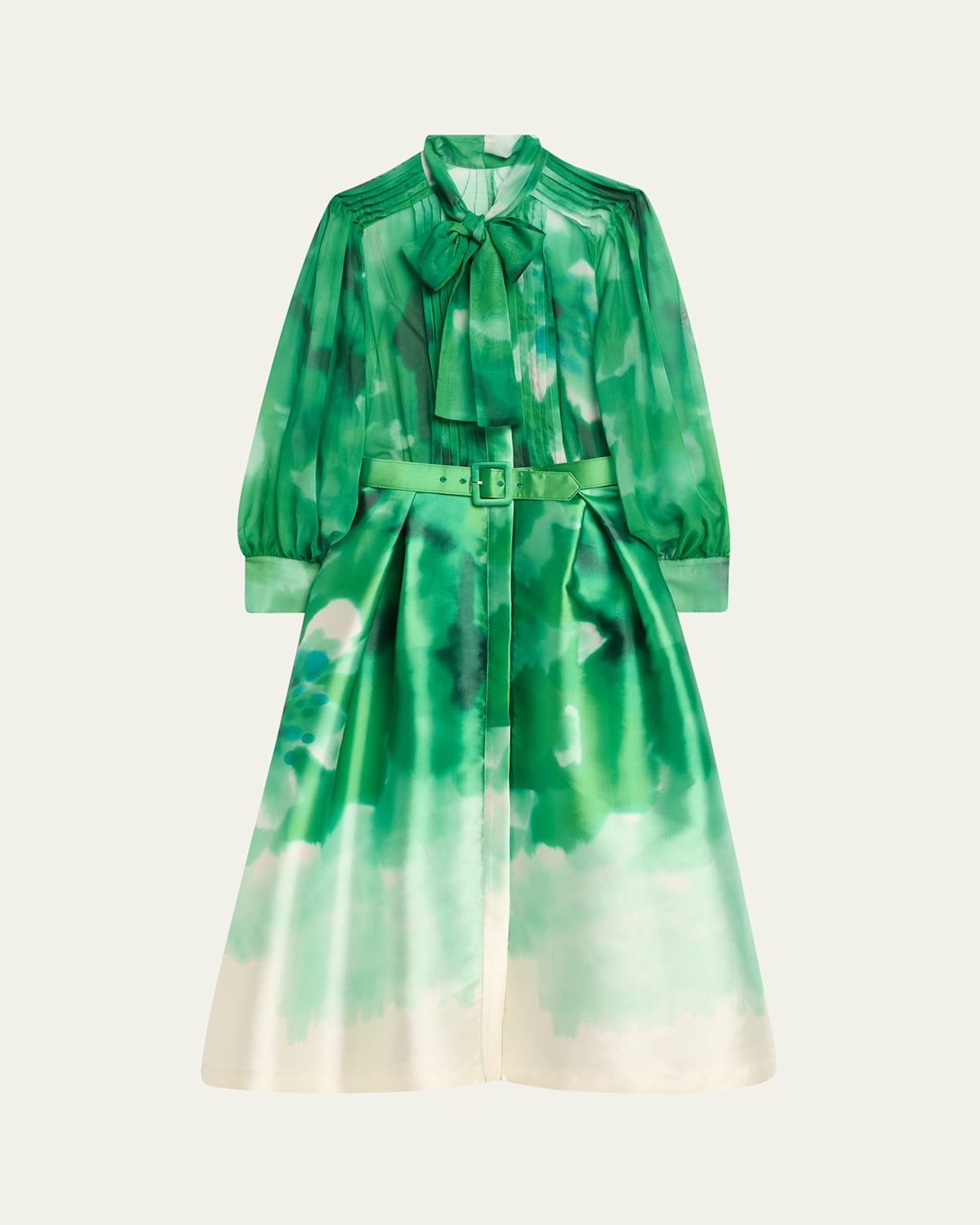 Pleated Tie-Neck Mixed Media Midi Shirtdress | Bergdorf Goodman