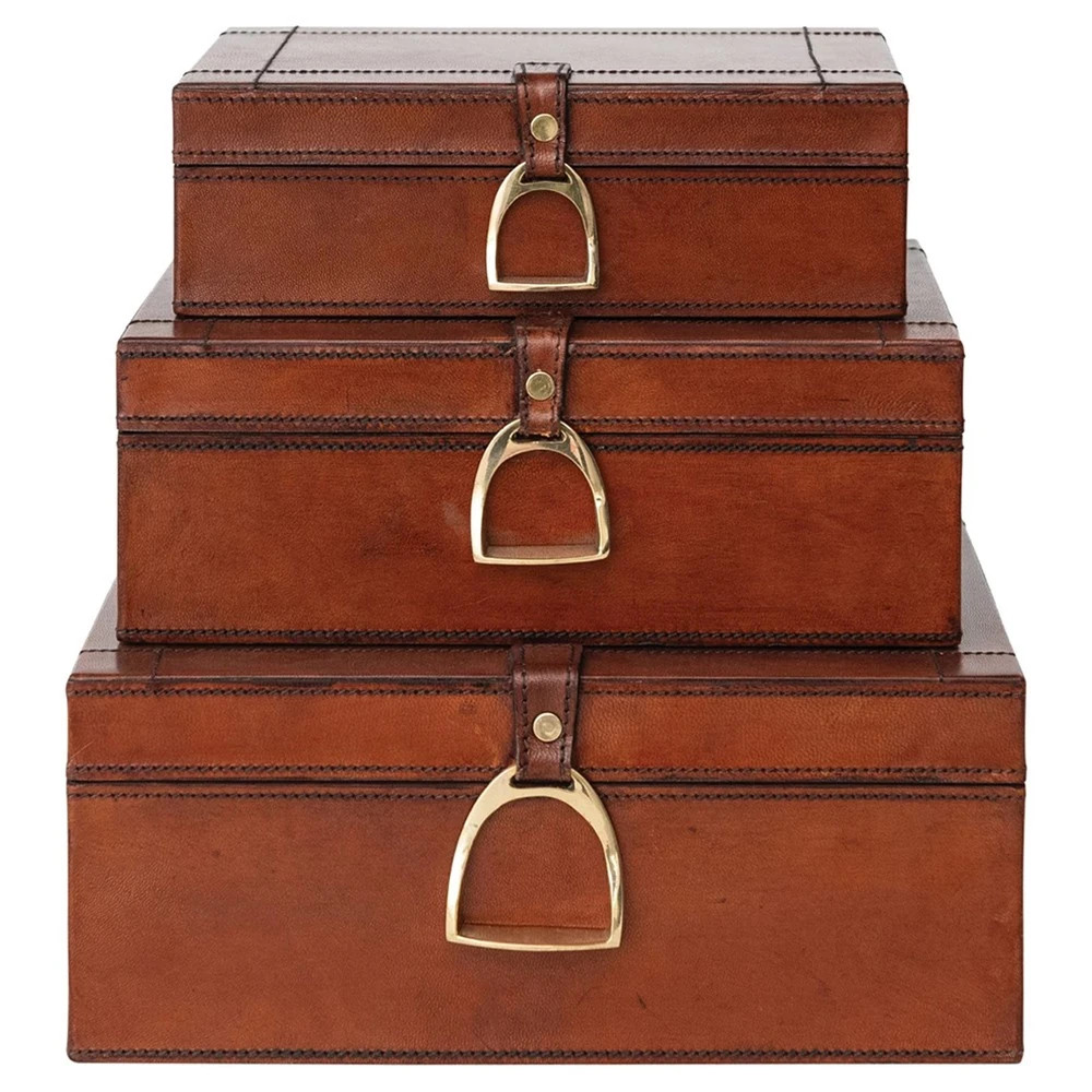 Charlee Traditional Brown Leather Rectangular Decorative Box - Set of 3 | Kathy Kuo Home