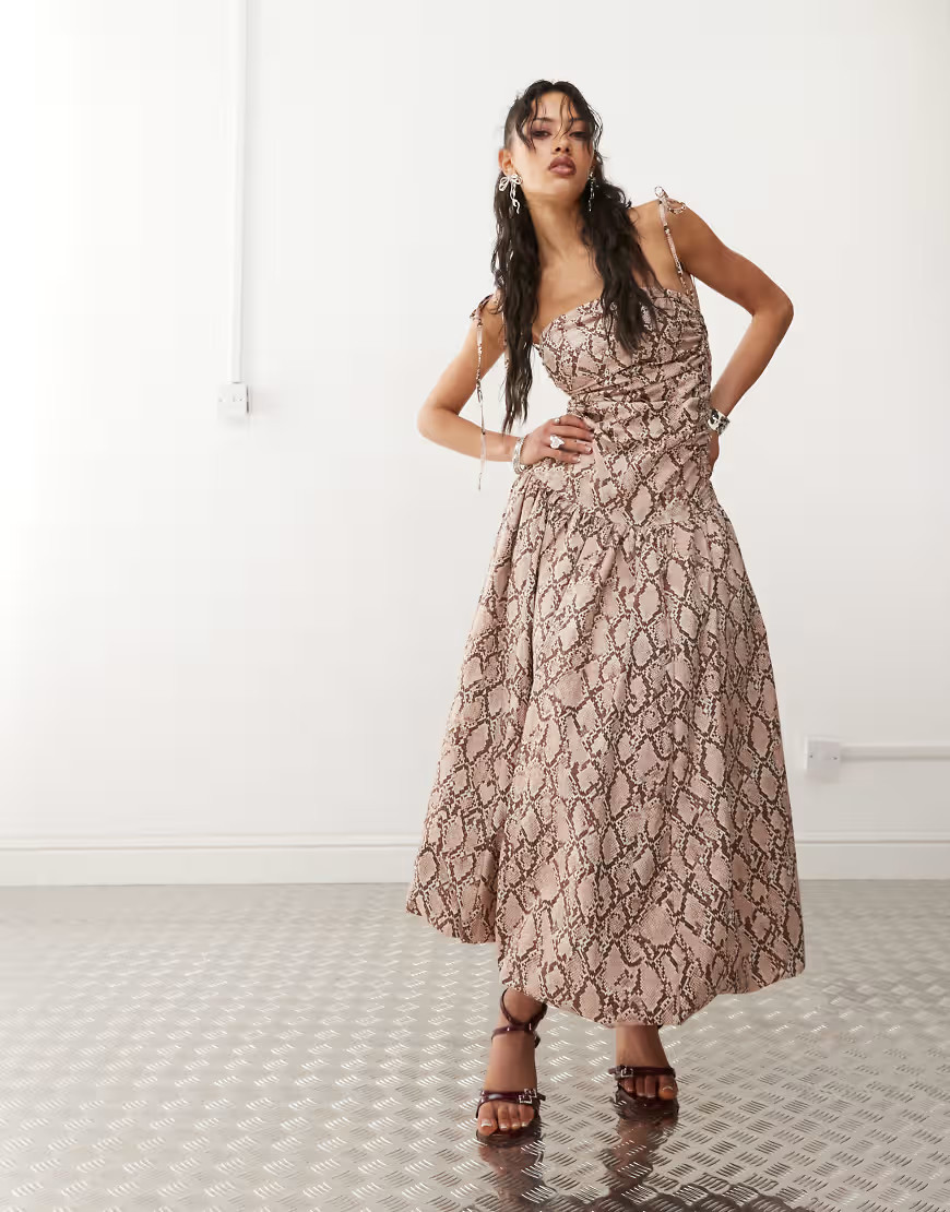Amy Lynn Alexa puffball printed midi dress in snake-Brown | ASOS (Global)