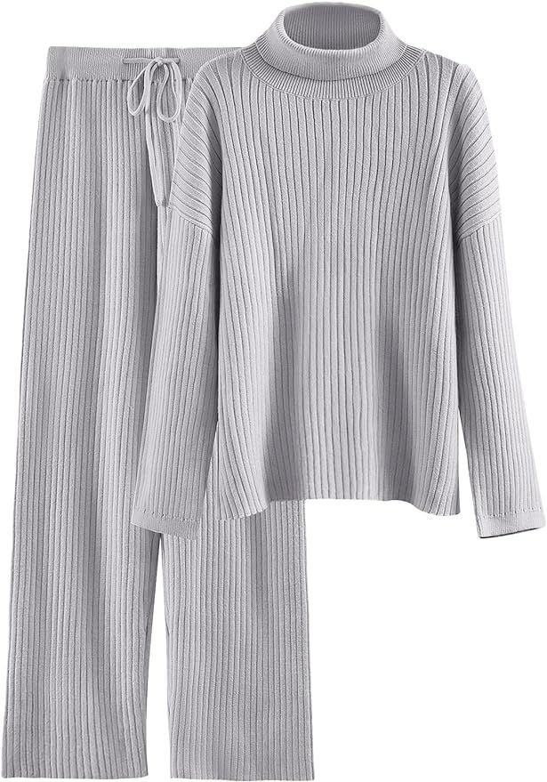 LILLUSORY Women's 2 Piece Outfits Turtleneck Sweaters Lounge Set and Wide Leg Pants Cozy Knit Swe... | Amazon (US)