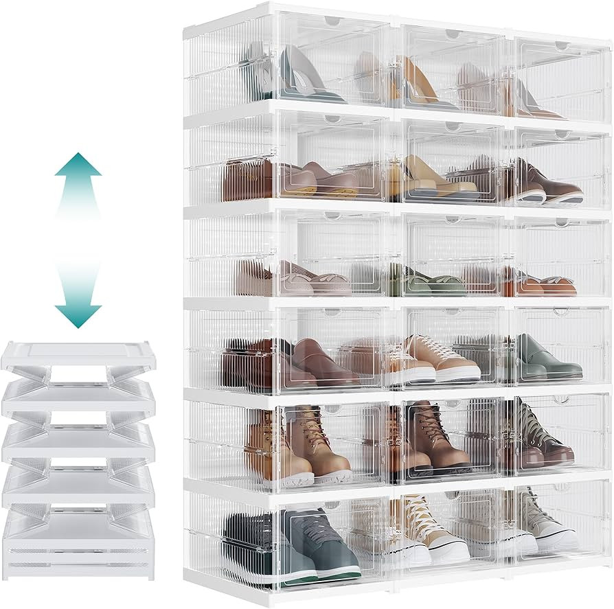 SONGMICS Foldable Shoe Boxes, Pack of 18 Stackable Shoe Storage Organizer, Set of 3 Integraed Sho... | Amazon (US)