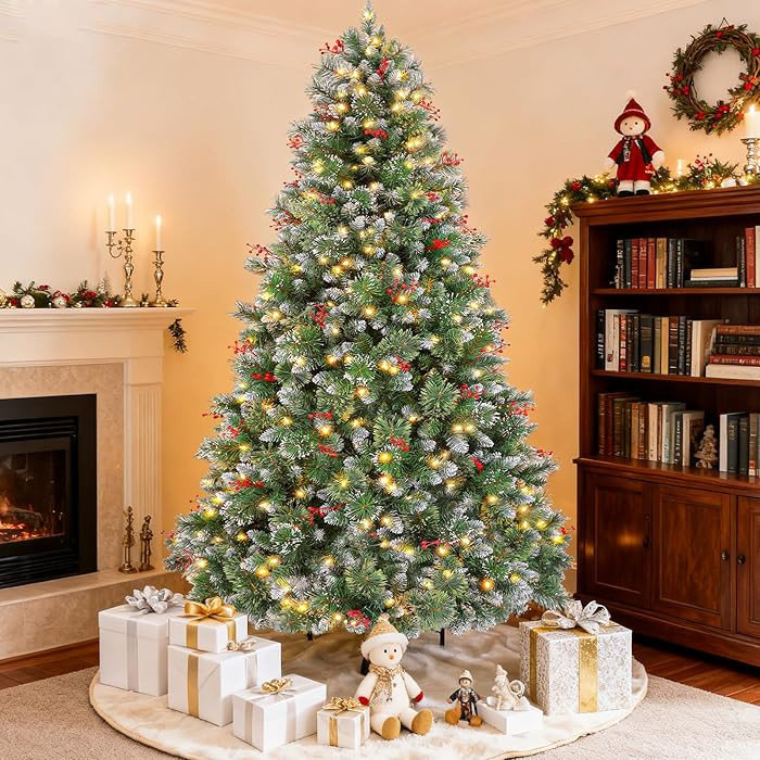 Hykolity 6 ft Prelit Snow Flocked Christmas Tree, Partially Frosted Xmas Pine Tree with Red Berri... | Amazon (US)