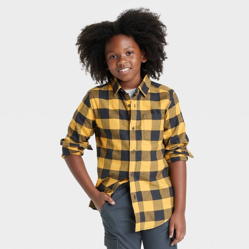 Boys&#39; Button-Down Long Sleeve Flannel Shirt - Cat &#38; Jack&#8482; Yellow/Charcoal Gray M | Target