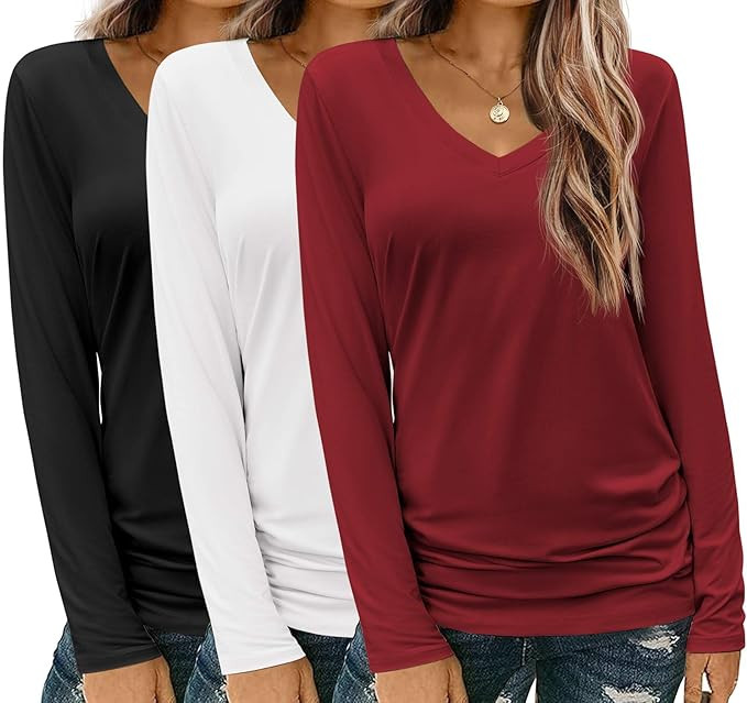 Zeagoo 3 Pack Womens T Shirts V Neck Long Sleeve Shirt Casual Tops Soft Solid Basic Tee Fall Outf... | Amazon (US)