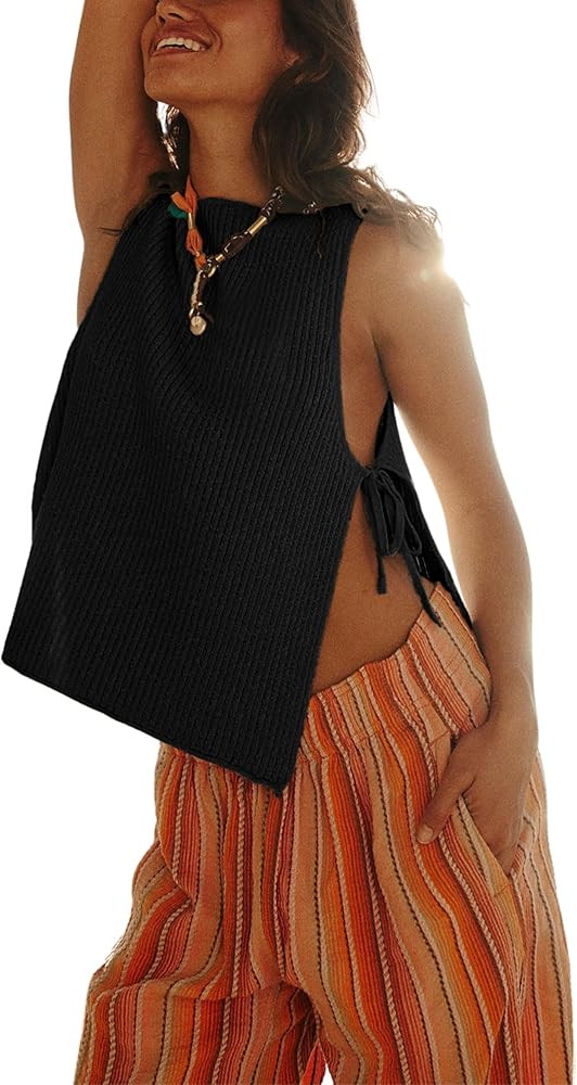 Womens Spring Summer Sleeveless Side Tie Sweater Top Stylish Ribbed Knit Dropped Tank 2025 | Amazon (US)