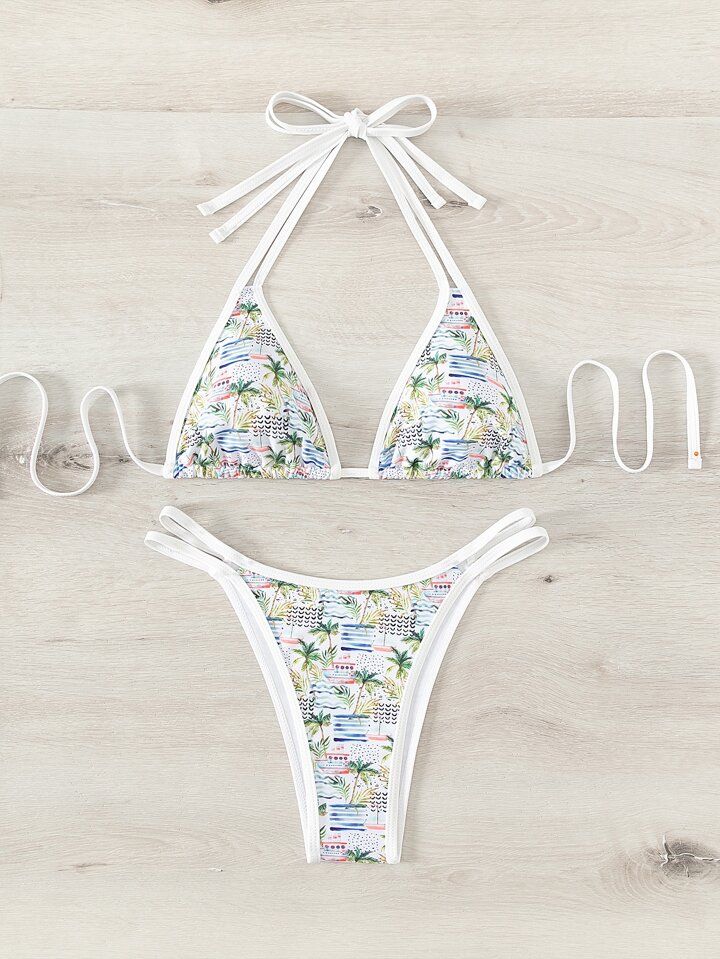 Palm Tree & Boat Print Bikini Set Halter Triangle Bra & Bikini Bottom 2 Piece Bathing Suit | SHEIN