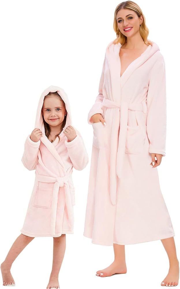 Umeyda Girls & Women Fleece Hooded Robes, Soft Fuzzy Bathrobe Warm Plush Fluffy Bath Robe for Kid... | Amazon (US)