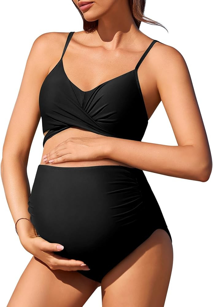 Summer Mae Maternity Criss Cross Bikini Swimsuits High Waist String Floral Bathing Suit Two Piece... | Amazon (US)