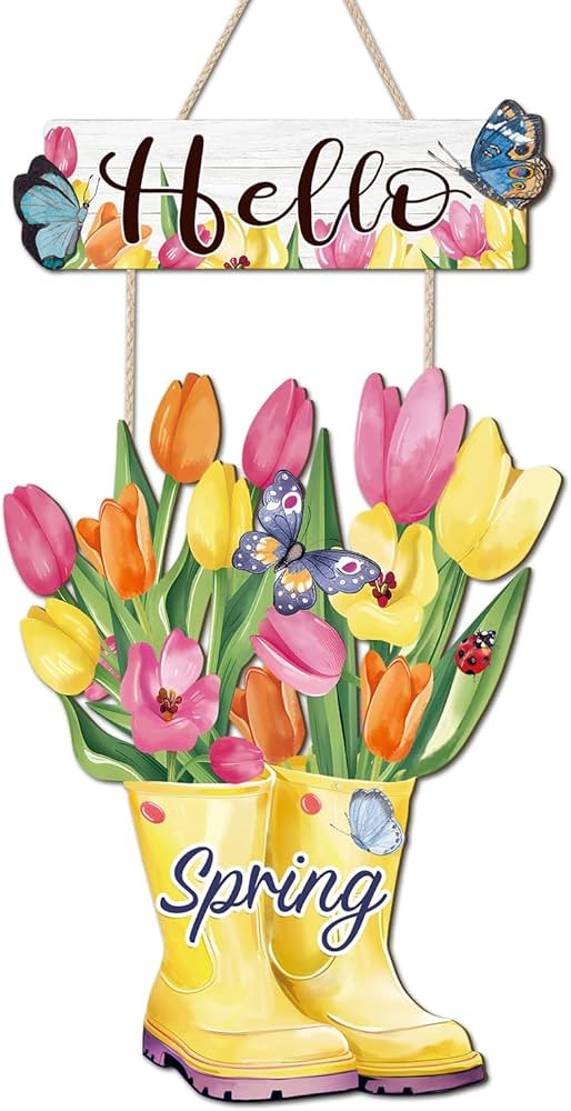 CHDITB Hello Spring Wooden Sign, Floral Butterfly Wooden Hanging Plaque, Tulip Flowers Front Door... | Amazon (US)