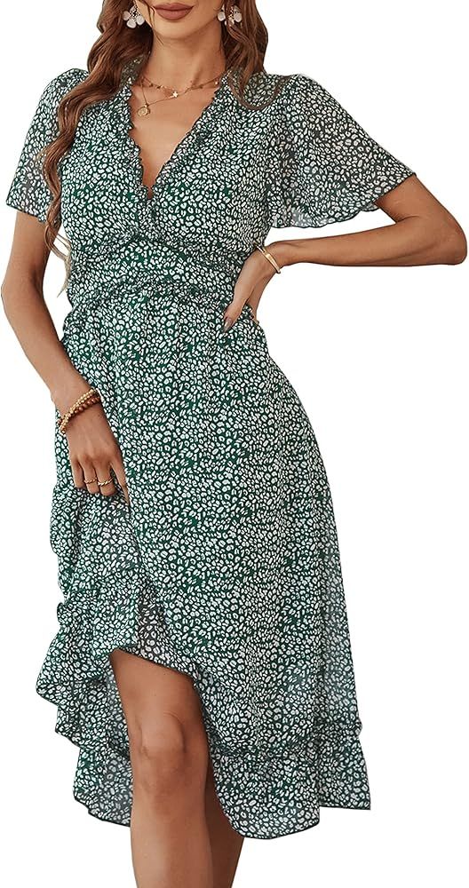 KIRUNDO 2023 Women's Summer Casual Ruffle Short Sleeve V Neck Boho Floral Print Midi Dress Flowy ... | Amazon (US)