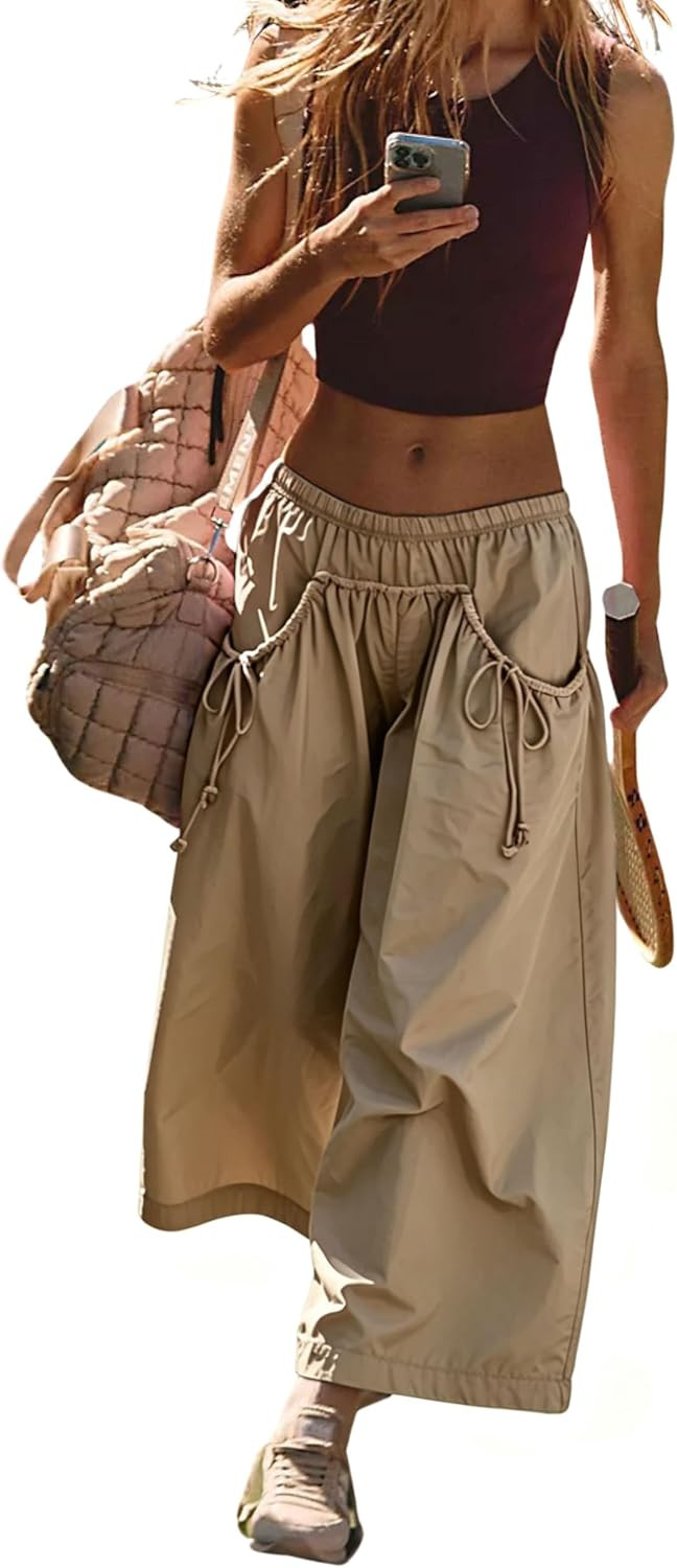 Hooever Women's Loose Wide Leg Track Pants Drawstring Pockets Elastic Waist Capri Hiking Pants | Amazon (US)
