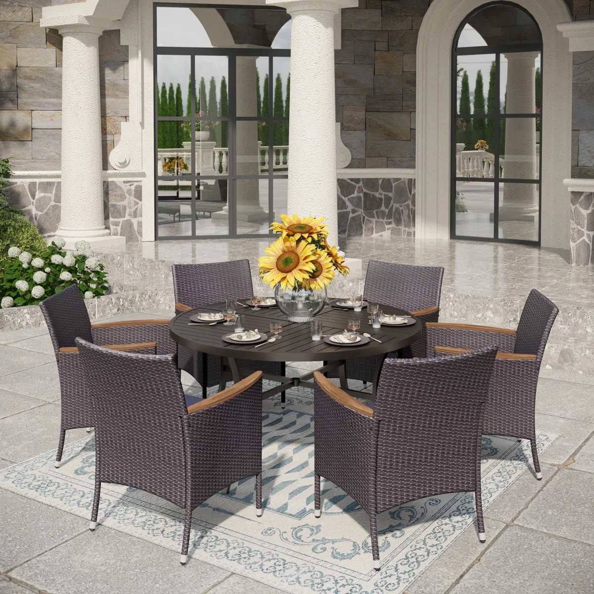 Sutiya 6 - Person Patio Dining Set with Round Table , Cushions Included | Wayfair North America