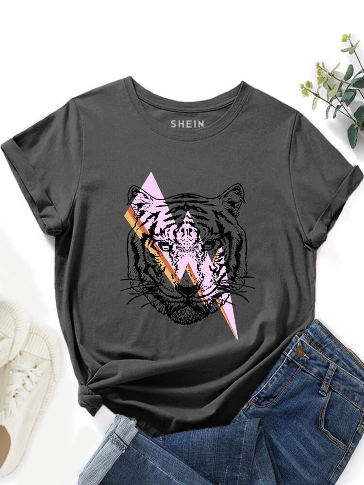 T-Shirt mit Tiger und Blitz Muster | SHEIN