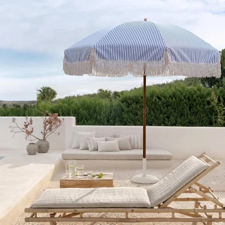 AMMSUN 7ft Patio Umbrella with Fringe Tassel Outdoor UPF50+ Shade Tilt Shelter,Navy Blue Stripes | Walmart (US)
