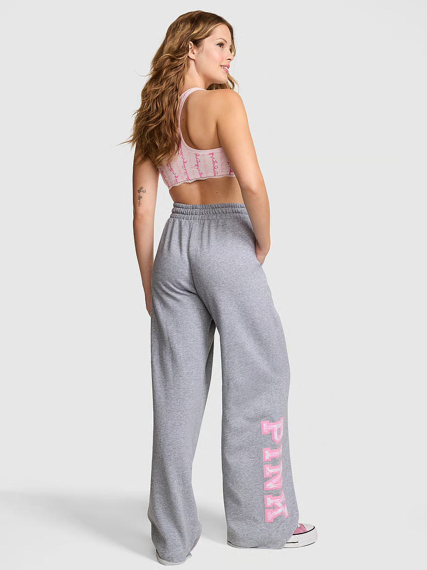 Buy PINK x LoveShackFancy Wide-Leg Sweatpants, Vs Medium Heather Grey - Order Bottoms online - PI... | Victoria's Secret (US / CA )