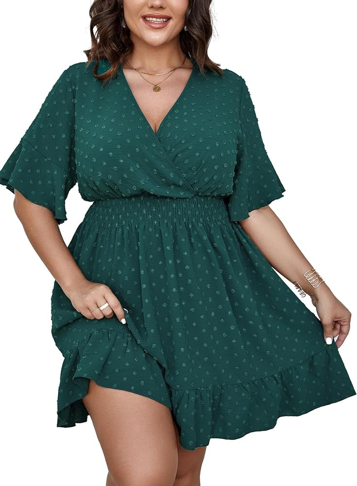 SCOMCHIC Plus Size Casual Summer Dress for Women Swiss Dot Wrap V Neck Ruffle Sleeve Smock Boho M... | Amazon (US)