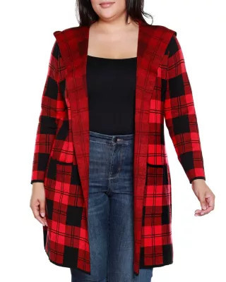 Belldini Women's Plus Size Hooded Checkered Plaid Coatigan Sweater, 3XL | Belk