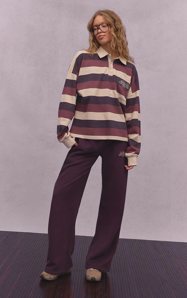 Plum and Cream Athletics Club Stripe Polo Tshirt | Athleisure | PrettyLittleThing IE