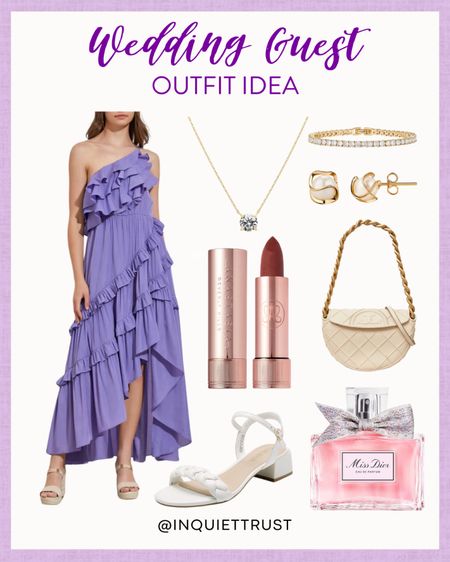 Elevate your wedding guest style with this beautiful purple asymmetric ruffle maxi dress, white sandals, beige handbag, gold accessories, and more!
#springfashion #outfitinspo #formalwear #trendydress

#LTKSeasonal #LTKstyletip #LTKbeauty