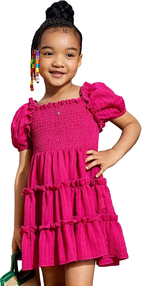 Verdusa Toddler Girl's Puff Sleeve Square Neck Shirred A Line Short Swing Dress | Amazon (US)