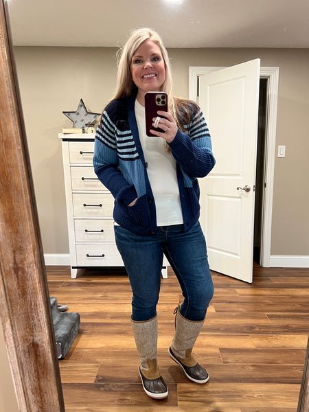 This sweater runs a little small. I got a medium and should have gotten a large for more length! I like the colors though!
Jeans are American Eagle in Dark Atlantic wash in size 10.
Boots are not available in this height, but I will link others I have!

#LTKcurves #LTKSeasonal #LTKunder50