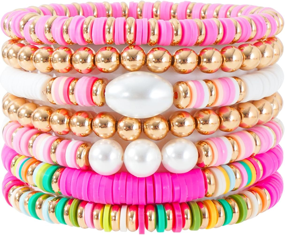 Pychee Surfer Heishi Bracelets Set for Women Stackable Gold Clay Ploymer Bead Stretch Bracelets S... | Amazon (US)